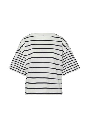 Biała koszula z krótkim rękawem z szerokimi czarnymi poziomymi paskami na tułowie oraz węższymi paskami na rękawach, z okrągłym dekoltem.