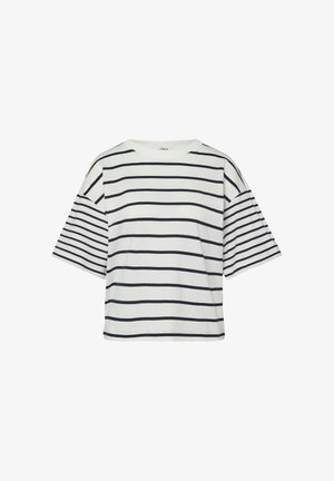 Biała koszula z krótkim rękawem z szerokimi czarnymi poziomymi paskami na tułowie oraz węższymi paskami na rękawach, z okrągłym dekoltem.