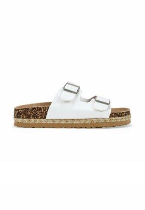 Sandali bianchi con due fibbie regolabili in argento, soletta in sughero, bordo in juta intrecciata e suola in gomma texture. Design casual con punta aperta.