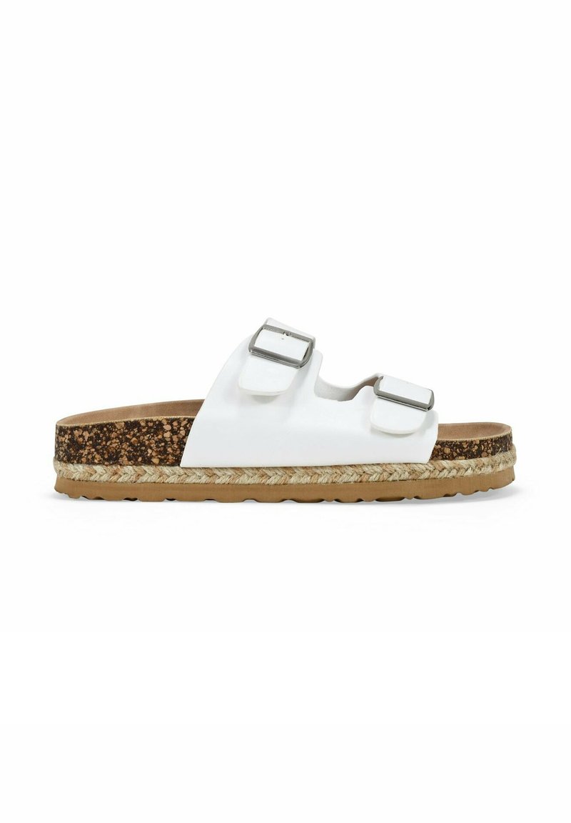Sandali bianchi con due fibbie regolabili in argento, soletta in sughero, bordo in juta intrecciata e suola in gomma texture. Design casual con punta aperta.