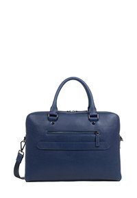 Valigetta in pelle blu navy con doppie maniglie superiori, tracolla regolabile, scomparto principale con zip e tasca frontale con zip. Tessuto liscio.