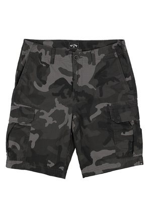 Shorts cargo à motif camouflage noir et gris, avec deux poches latérales, une braguette zippée et une fermeture par bouton. Confectionnés en tissu résistant.