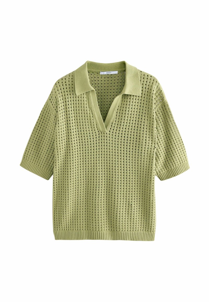 Polo con maniche corte in verde chiaro, caratterizzato da un motivo a maglia testurizzato, una scollatura a V e bordi a costine.