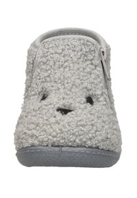 Grijze textuur pantoffel met een zachte, pluizige bovenkant, zijrits en een rubberen zool. Voorzien van kleine gaatjes voor ademend vermogen.