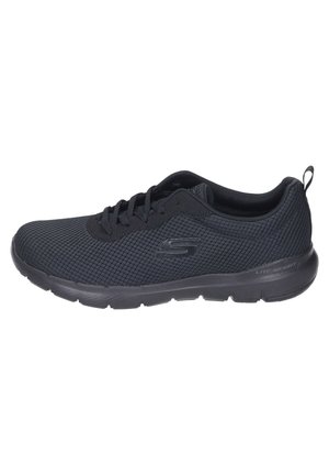 Black athletic shoe with a breathable mesh upper, lace-up design, textured surface, and lightweight rubber sole. Features a rear pull tab.