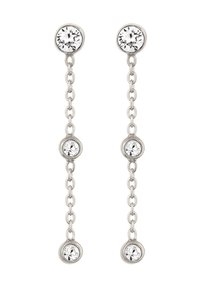 Sølv øredrops med tre klare rhinsten sat på en delikat kæde, der viser et minimalistisk design og en elegant finish.