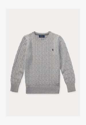 Suéter gris de punto con patrón de trenzas, cuello redondo acanalado y mangas largas. Presenta un pequeño logo en el lado izquierdo del pecho.