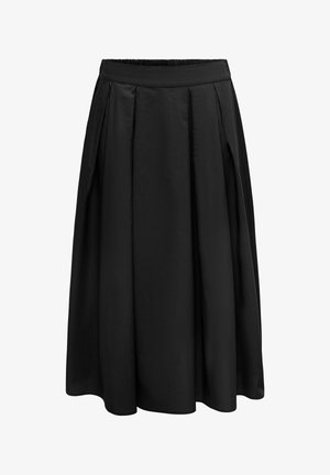 Black pleated skirt featuring an elastic waistband, knee-length design, smooth texture, and simple, unadorned finish.