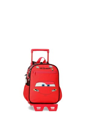 Mochila carrito infantil roja con la cara de Rayo McQueen y gráficos de carreras, con asa extensible y bolsillos laterales de malla.