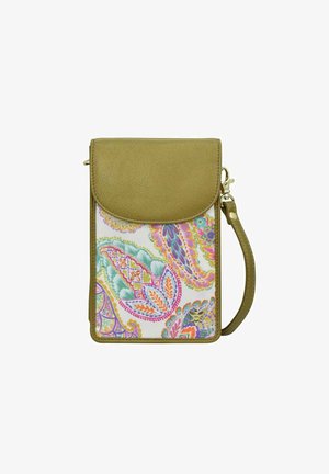 Grüne Leder-Umhängetasche mit einem bunten Paisley-Muster auf der Vorderseite, ausgestattet mit einem Klappverschluss und einem abnehmbaren Trageriemen.