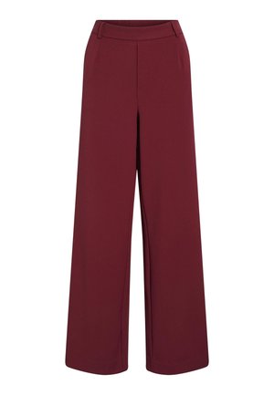 Pantalons larges bourgogne avec ceinture plate à l'avant, poches latérales et tissu lisse et léger ; aucune ornementation ni motif visible.