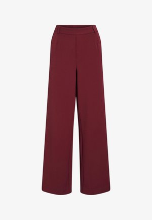 Bordeaux wijde broek met een vlakke tailleband, zijzakken en een soepele, lichte stof; geen zichtbare versieringen of patronen.