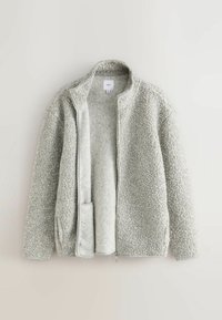 Light gray, fluffy fleece jacket with a zip front, high collar, and side pockets; features a soft, textured surface and relaxed fit.