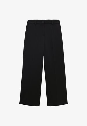 Zwarte wide-leg broek van lichtgewicht stof, met een knoopsluiting, voorkeurszakken en een nette, op maat gemaakte afwerking.