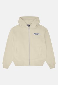 Felpa zip in colore crema realizzata in tessuto morbido. Presenta una tasca frontale, polsini a costine, un cappuccio e un logo ricamato sul petto.