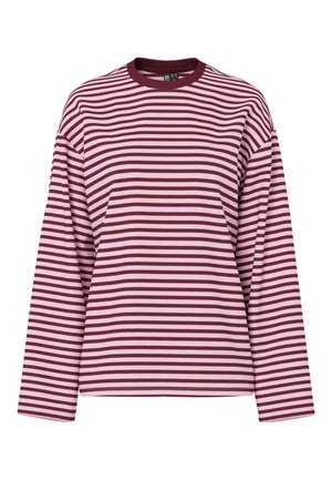 Long-sleeve shirt with maroon and light pink horizontal stripes, crew neckline, and relaxed fit.