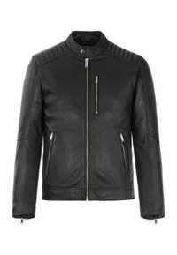 Czarna skórzana kurtka z kołnierzem stójką, pikowanym detalem na ramionach, dwoma kieszeniami na piersiach na suwak oraz dwiema bocznymi kieszeniami, ozdobiona srebrnymi elementami metalowymi.