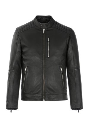 Czarna skórzana kurtka z kołnierzem stójką, pikowanym detalem na ramionach, dwoma kieszeniami na piersiach na suwak oraz dwiema bocznymi kieszeniami, ozdobiona srebrnymi elementami metalowymi.