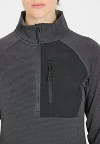 Grau zip-up Pullover mit hohem Kragen. Verfügt über ein kontrastierendes, strukturiertes Brustpanel und eine kleine Reißverschlusstasche. Glattes Material durchgehend.