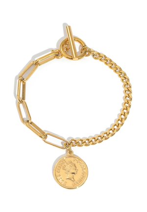 Gold bracelet with mixed chain links and toggle clasp, featuring a round coin charm embossed with a queen's profile and text.