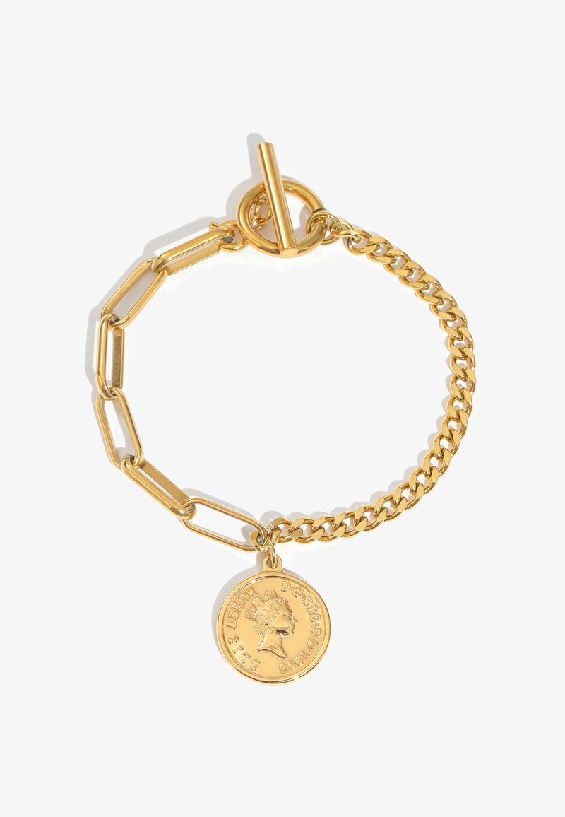 Gold bracelet with mixed chain links and toggle clasp, featuring a round coin charm embossed with a queen's profile and text.