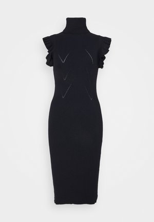 Abito midi nero senza maniche in maglia a coste con collo alto e dettagli arricciati sulle spalle, vestibilità sartoriale e sottili motivi a chevron sul davanti.