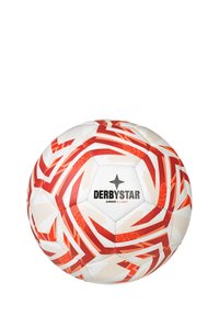 Weißer Fußball mit roten Zickzackmustern und dem Text "DERBYSTAR JUNIOR S-LIGHT." Glatte Textur, runde Form, für Junioren geeignet.