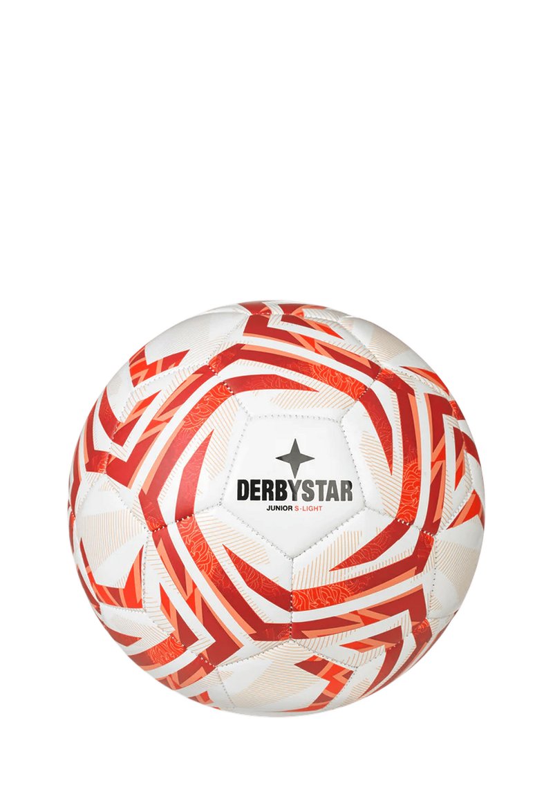 Weißer Fußball mit roten Zickzackmustern und dem Text "DERBYSTAR JUNIOR S-LIGHT." Glatte Textur, runde Form, für Junioren geeignet.