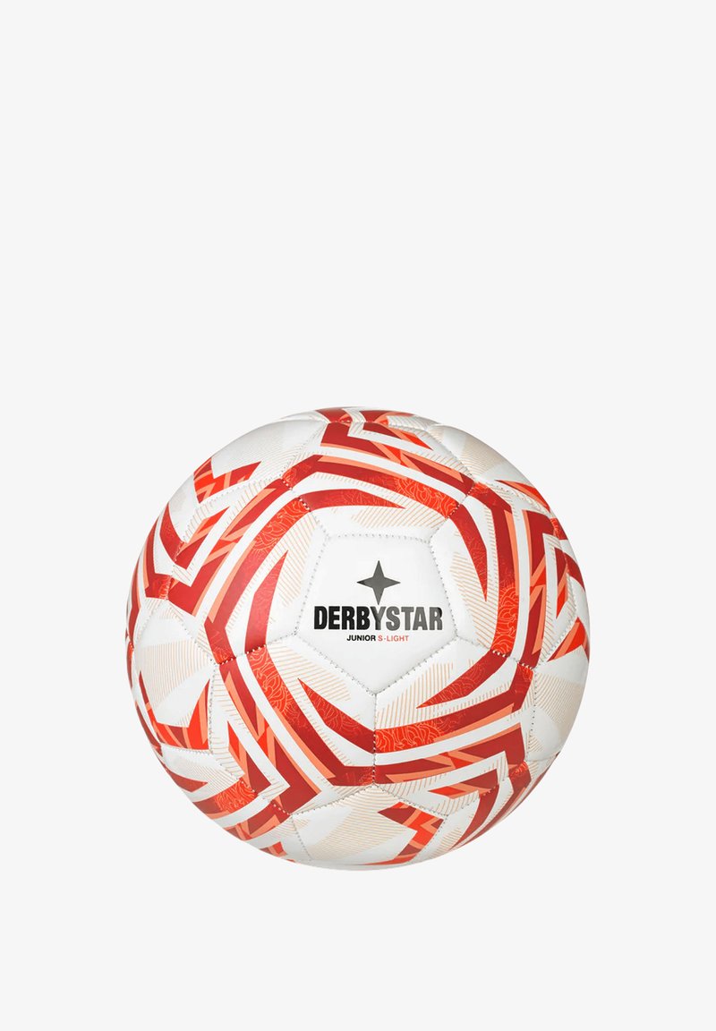 Weißer Fußball mit roten Zickzackmustern und dem Text "DERBYSTAR JUNIOR S-LIGHT." Glatte Textur, runde Form, für Junioren geeignet.