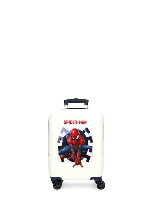 Maleta blanca para niños con cuatro ruedas, con Spider-Man agachado y texto rojo "SPIDER-MAN" arriba.