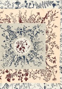 Tela con estampado floral que presenta ilustraciones en azul oscuro y burdeos sobre un fondo beige, con un diseño central de círculo gris.