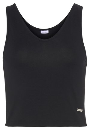 Schwarzes ärmelloses Crop-Top aus weichem, glattem Stoff mit Rundhalsausschnitt und einem kleinen silbernen Logo-Tag an der Seite.