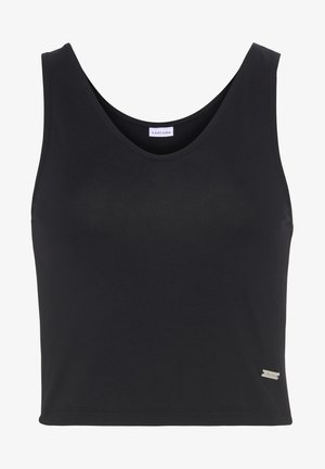 Black sleeveless crop top in soft, smooth fabric with a round neckline and a small silver logo tag on the side.