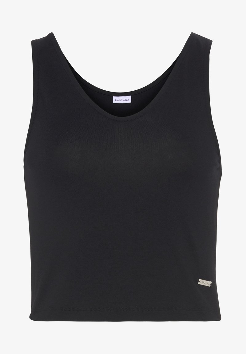Schwarzes ärmelloses Crop-Top aus weichem, glattem Stoff mit Rundhalsausschnitt und einem kleinen silbernen Logo-Tag an der Seite.