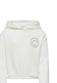Haut à capuche blanc court avec un cordon de serrage. Présente un visage souriant brodé en noir sur la poitrine gauche. Ensemble en mélange de coton doux.