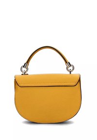 Borsa a mano in pelle gialla con forma curvata, manico superiore e chiusura magnetica. Presenta cuciture a contrasto e accessori in metallo di colore argento.