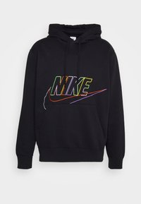 Black hooded sweatshirt featuring a multicolored "NIKE" logo with a swoosh design. Made of soft fabric, with a front pocket and ribbed cuffs.