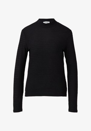 Suéter negro de manga larga con textura, cuello alto y silueta ajustada.