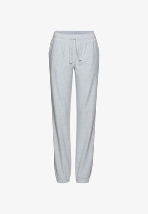 Gaiši pelēkas sporta bikses, izgatavotas no mīksta auduma, ar elastīgu jostu un aukliņu, kā arī sašaurinātiem bikšu galiem pie potītēm.