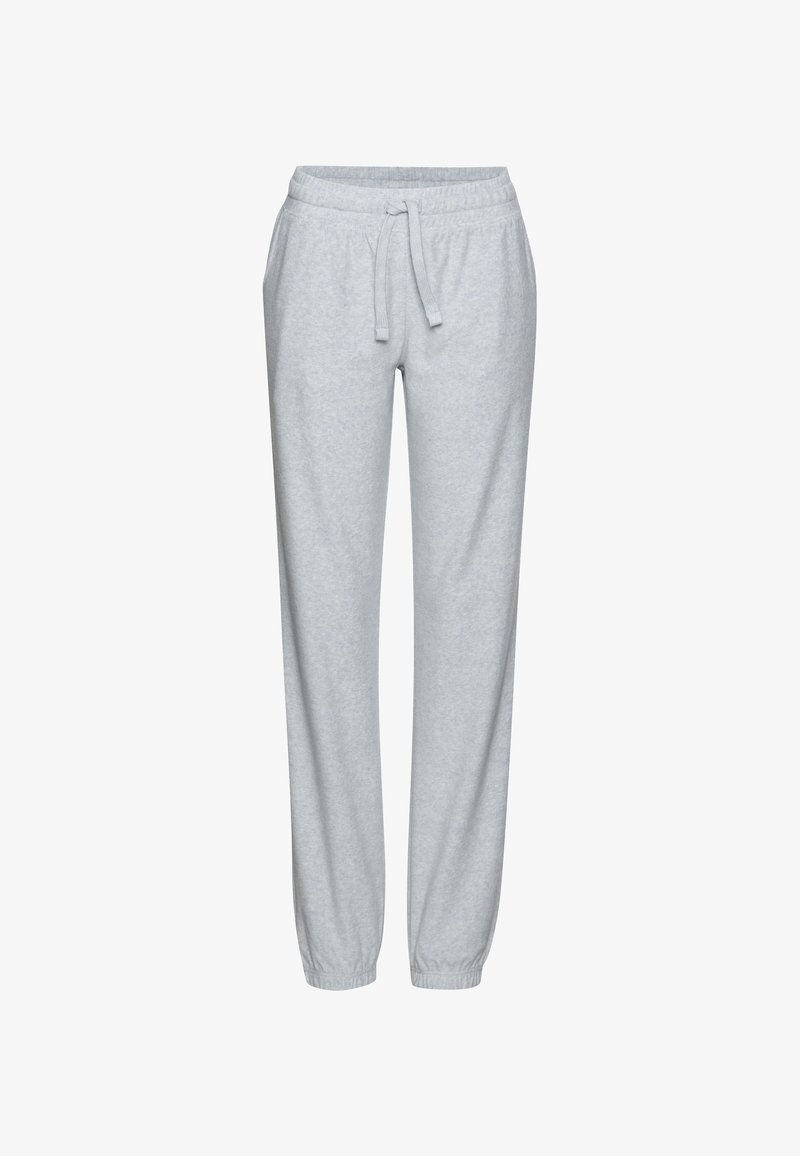 Gaiši pelēkas sporta bikses, izgatavotas no mīksta auduma, ar elastīgu jostu un aukliņu, kā arī sašaurinātiem bikšu galiem pie potītēm.