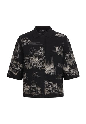 Black short-sleeve shirt featuring intricate white floral and plant embroidery throughout. Collared design with a relaxed fit.