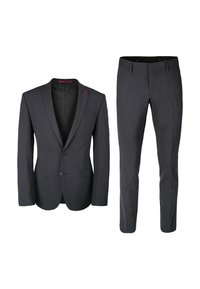 Completo grigio scuro composto da un blazer aderente con rever a punta e pantaloni. Tessuto testurizzato con leggero lucido, bottone accentato sul blazer.