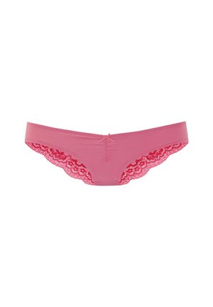Rosa Damenunterwäsche mit Spitzenbesatz an den Seiten und einem kleinen Schleifendetail vorne in der Mitte.