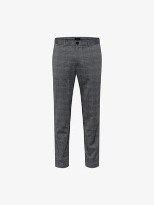 Pilkos langeliais kelnes su pritaikytu siluetu, pasižyminčios lygiu paviršiumi, sagčių uždarymu, diržo kilpomis ir suplautomis priekine dalimi.