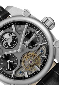 Montre en acier inoxydable argenté avec un bracelet en cuir noir, mouvement automatique complexe en argent et or, et affichage des phases du soleil et de la lune double.