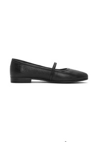 Zapato plano de cuero negro con punta redondeada, tacón plano y una tira decorativa sobre el empeine; textura suave con ligero brillo.