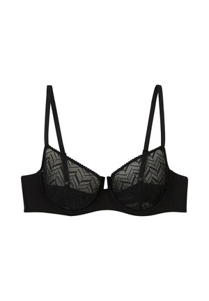 Reggiseno nero con stecche, dotato di coppe in pizzo trasparente con motivo a zigzag e sottili spalline regolabili.