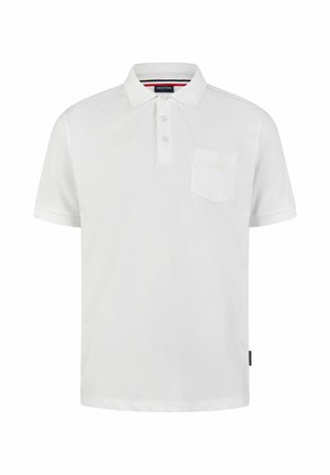 Polo shirt blanc en coton, avec un col, trois boutons et une poche sur la poitrine. Logo discret sur la poche, manches courtes et ourlet droit.
