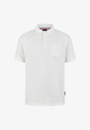 Weißes Poloshirt aus Baumwolle, mit Kragen, drei Knöpfen und einer Brusttasche. Dezentes Logo auf der Tasche, kurze Ärmel und gerader Saum.