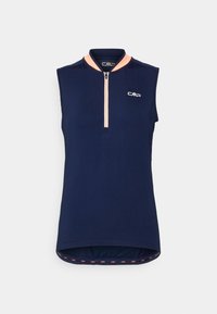 Maillot de cyclisme sans manches bleu marine avec une bordure de col pêche et une demi-fermeture éclair, arborant un petit logo CMP blanc sur la poitrine.